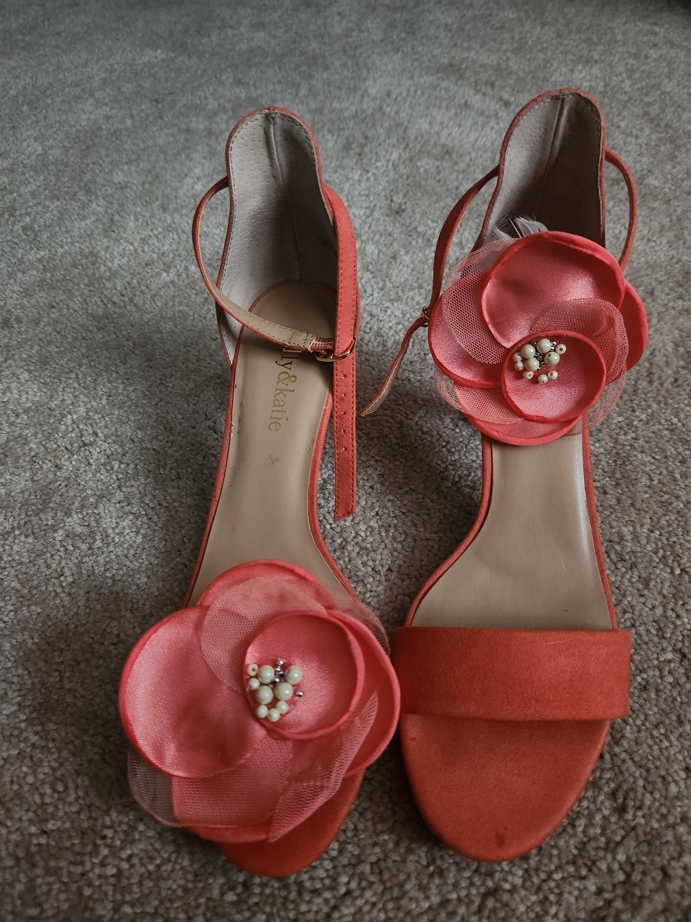 Coral Floral Ankle-Strap Sandals with Pearl Accent